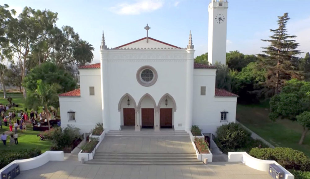 Aerial drone shot of Sacred Heart Chapel