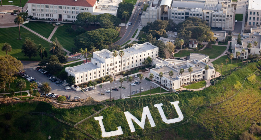 An overhead shot of the LMU Campus taken from a Helicopter.